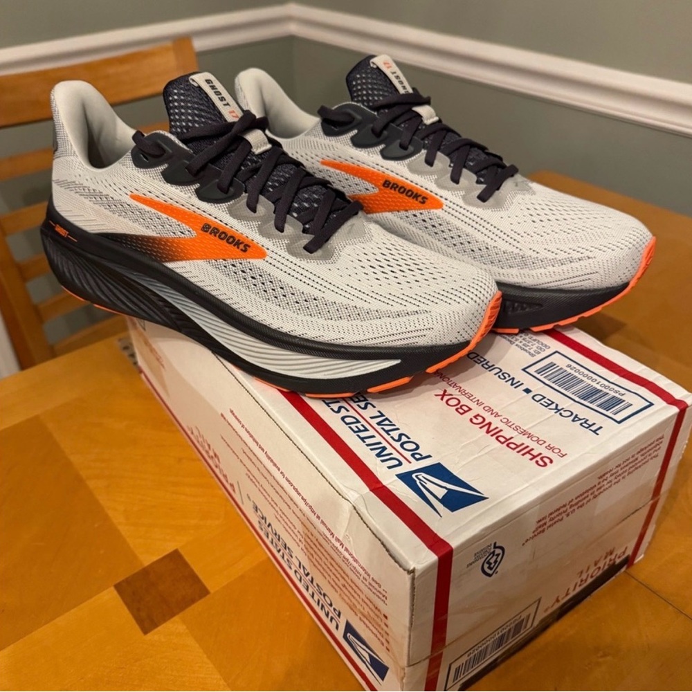 Brooks Ghost 17 Men’s Neutral Running Shoes — Light Gray with Orange Accents